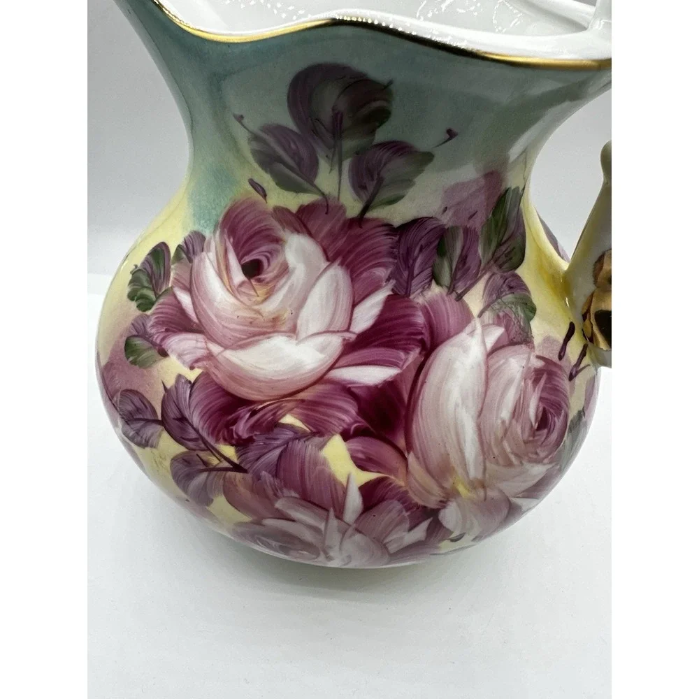 Vintage‎ Hand Painted Porcelain Floral Pitcher Ewer Gold Gilt Pink Roses 8.5